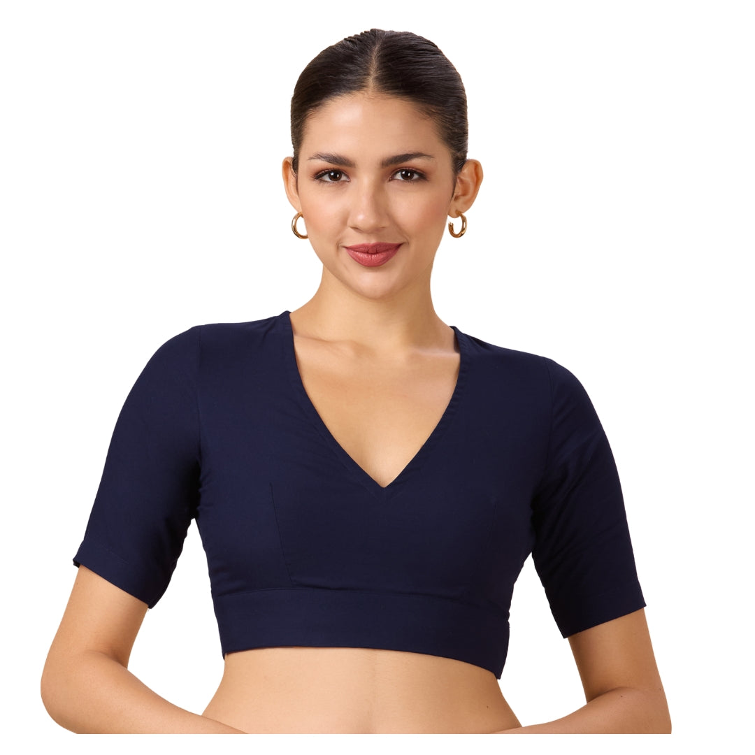 Studio Shringaar Women's Navy Blue Natural Rayon Solid Coloured Soft Readymade Saree Blouse (Design 2879)