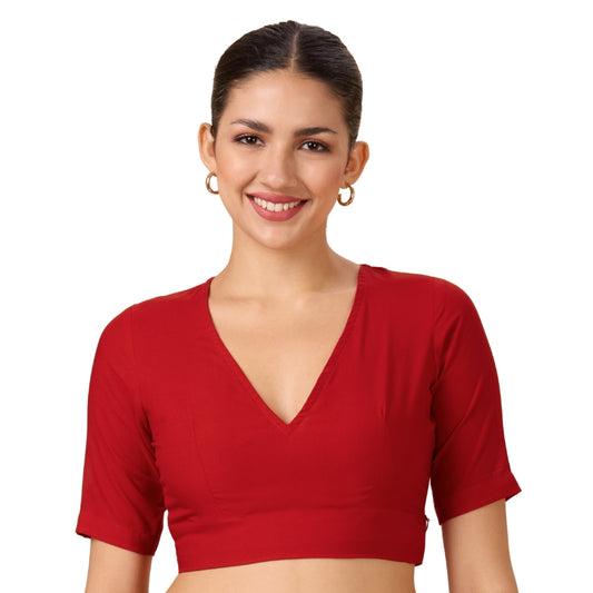 Studio Shringaar Women's Red Natural Rayon Solid Coloured Soft Readymade Saree Blouse (Design 2879)