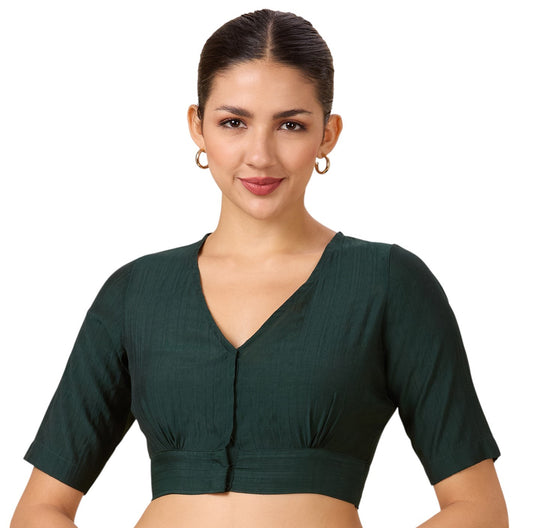 Studio Shringaar Women's Bottle Green Viscose Smart V Neck Readymade Saree Blouse (Design 2880)