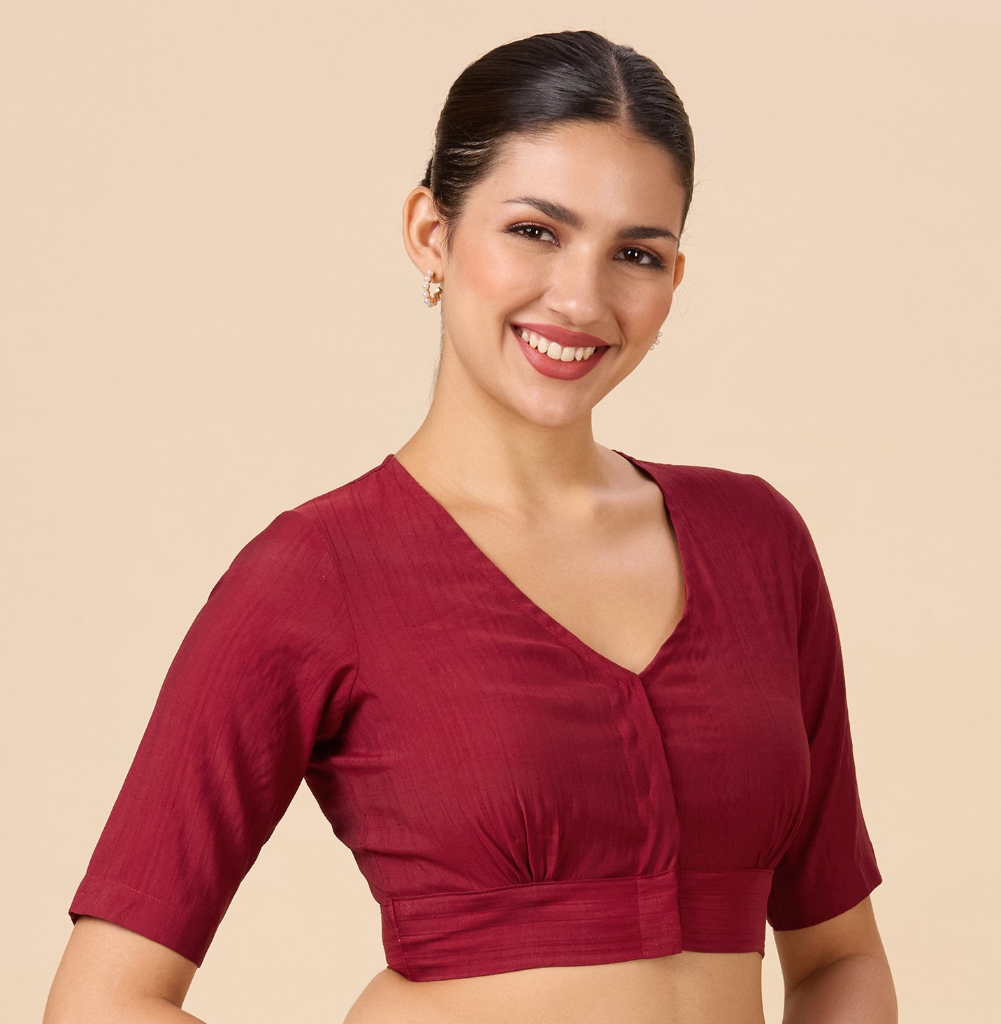 Studio Shringaar Women's Maroon Viscose Smart V Neck Readymade Saree Blouse (Design 2880)