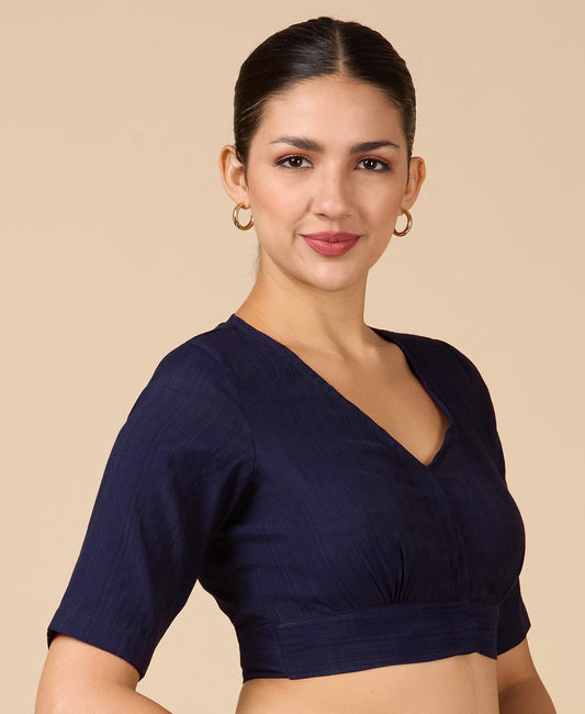 Studio Shringaar Women's Navy Blue Viscose Smart V Neck Readymade Saree Blouse (Design 2880)