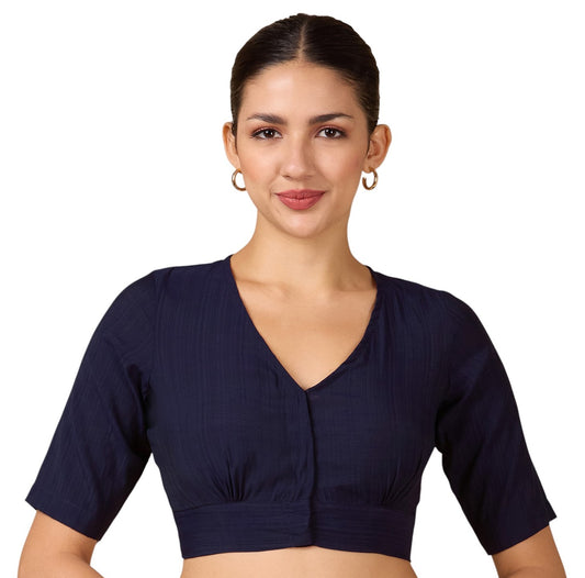 Studio Shringaar Women's Navy Blue Viscose Smart V Neck Readymade Saree Blouse (Design 2880)