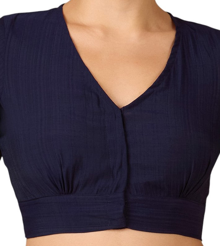 Studio Shringaar Women's Navy Blue Viscose Smart V Neck Readymade Saree Blouse (Design 2880)