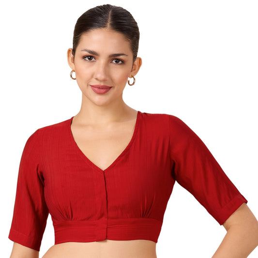 Studio Shringaar Women's Red Viscose Smart V Neck Readymade Saree Blouse (Design 2880)