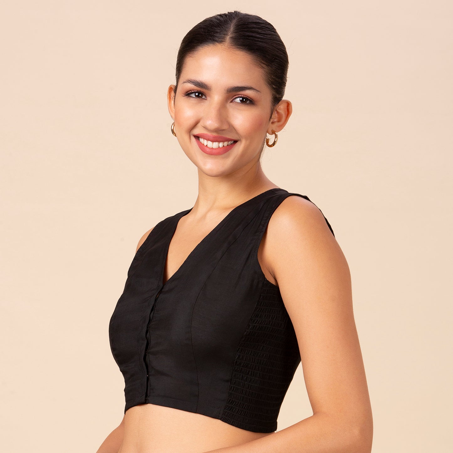 Women's Black Cotton Silk Stretchable (Smocked ) Sleeveless Readymade Saree Blouse (Design 2881)