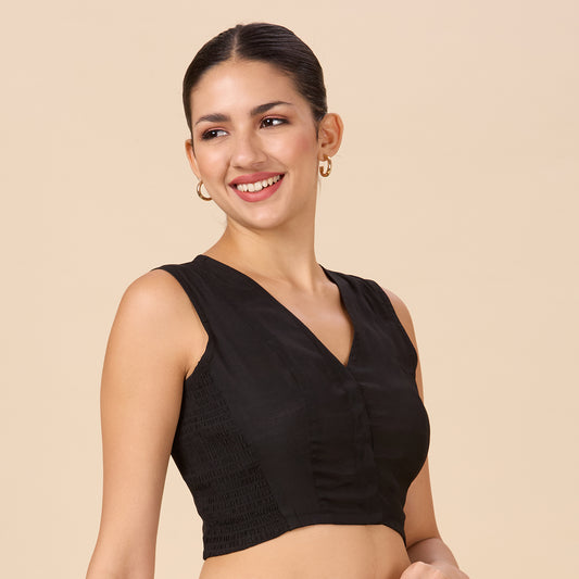 Women's Black Cotton Silk Stretchable (Smocked ) Sleeveless Readymade Saree Blouse (Design 2881)