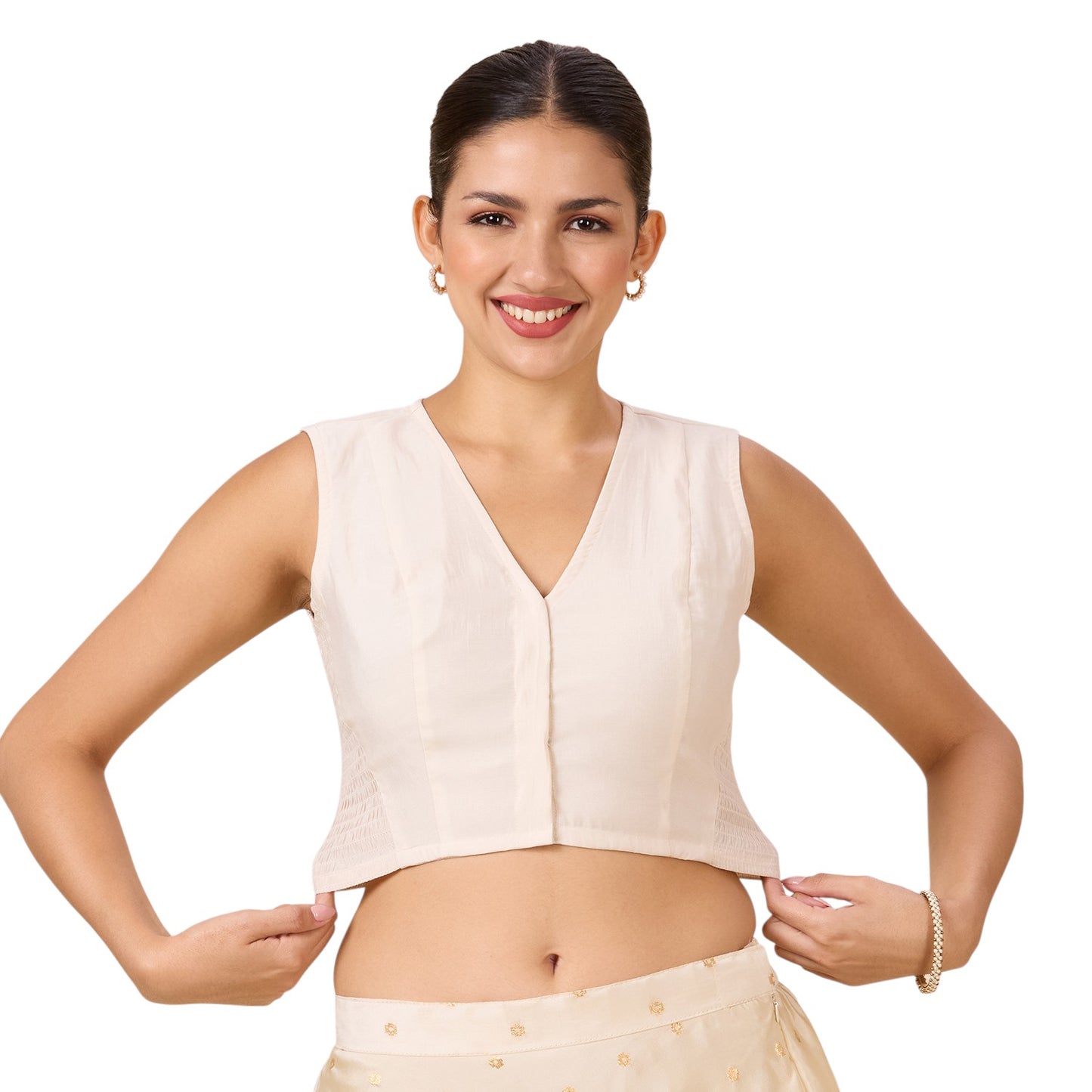 Women's Cream Cotton Silk Stretchable (Smocked ) Sleeveless Readymade Saree Blouse (Design 2881)