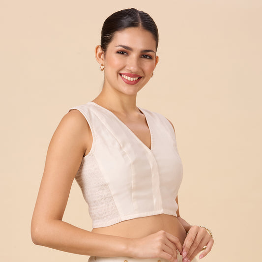 Women's Cream Cotton Silk Stretchable (Smocked ) Sleeveless Readymade Saree Blouse (Design 2881)