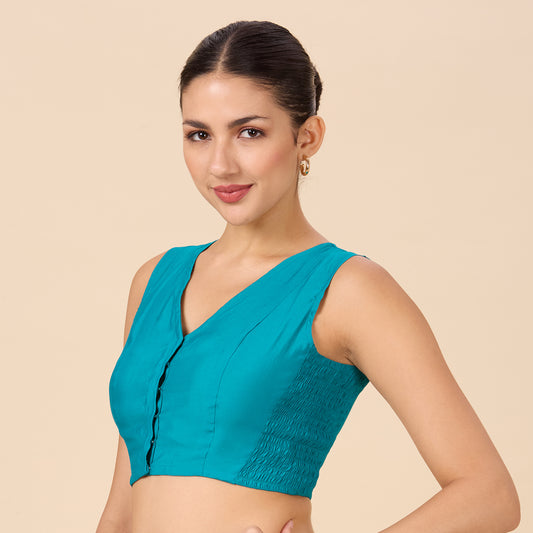 Women's Firozi Cotton Silk Stretchable (Smocked ) Sleeveless Readymade Saree Blouse (Design 2881)