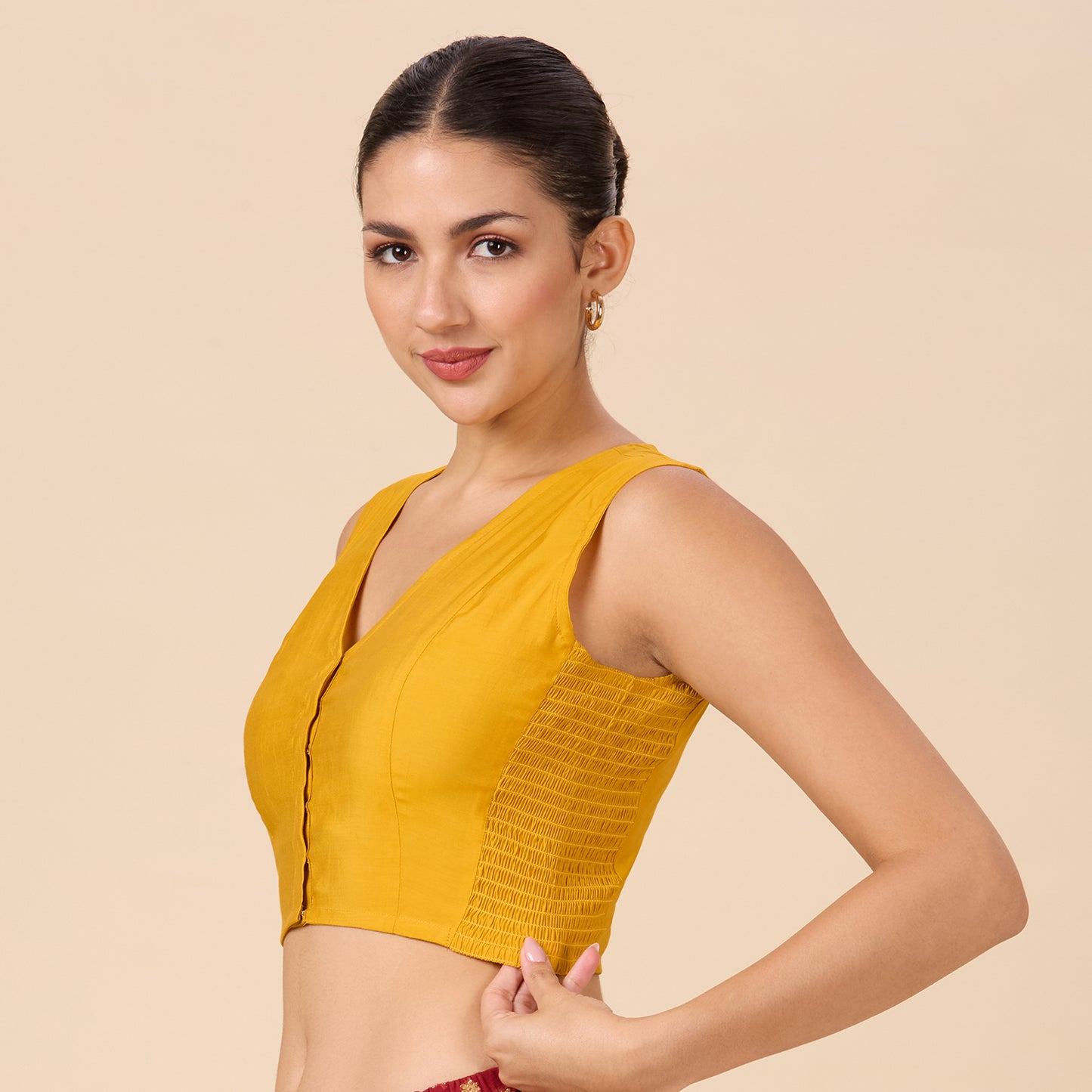 Women's Mustard Cotton Silk Stretchable (Smocked ) Sleeveless Readymade Saree Blouse (Design 2881)
