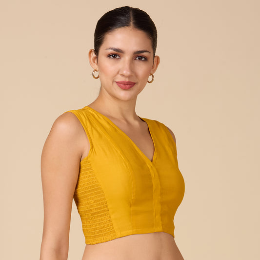 Women's Mustard Cotton Silk Stretchable (Smocked ) Sleeveless Readymade Saree Blouse (Design 2881)