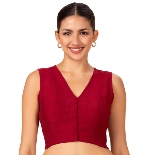 Women's Maroon Cotton  Silk Stretchable (Smocked ) Sleeveless Readymade Saree Blouse (Design 2881)