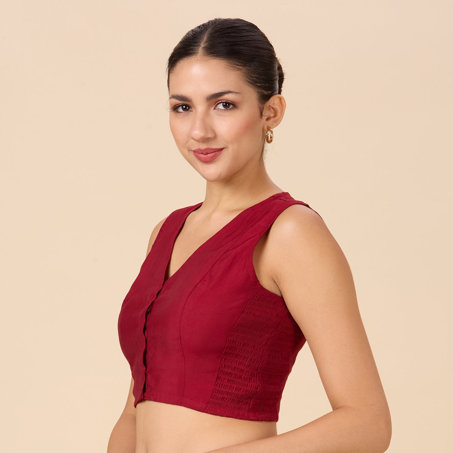 Women's Maroon Cotton  Silk Stretchable (Smocked ) Sleeveless Readymade Saree Blouse (Design 2881)