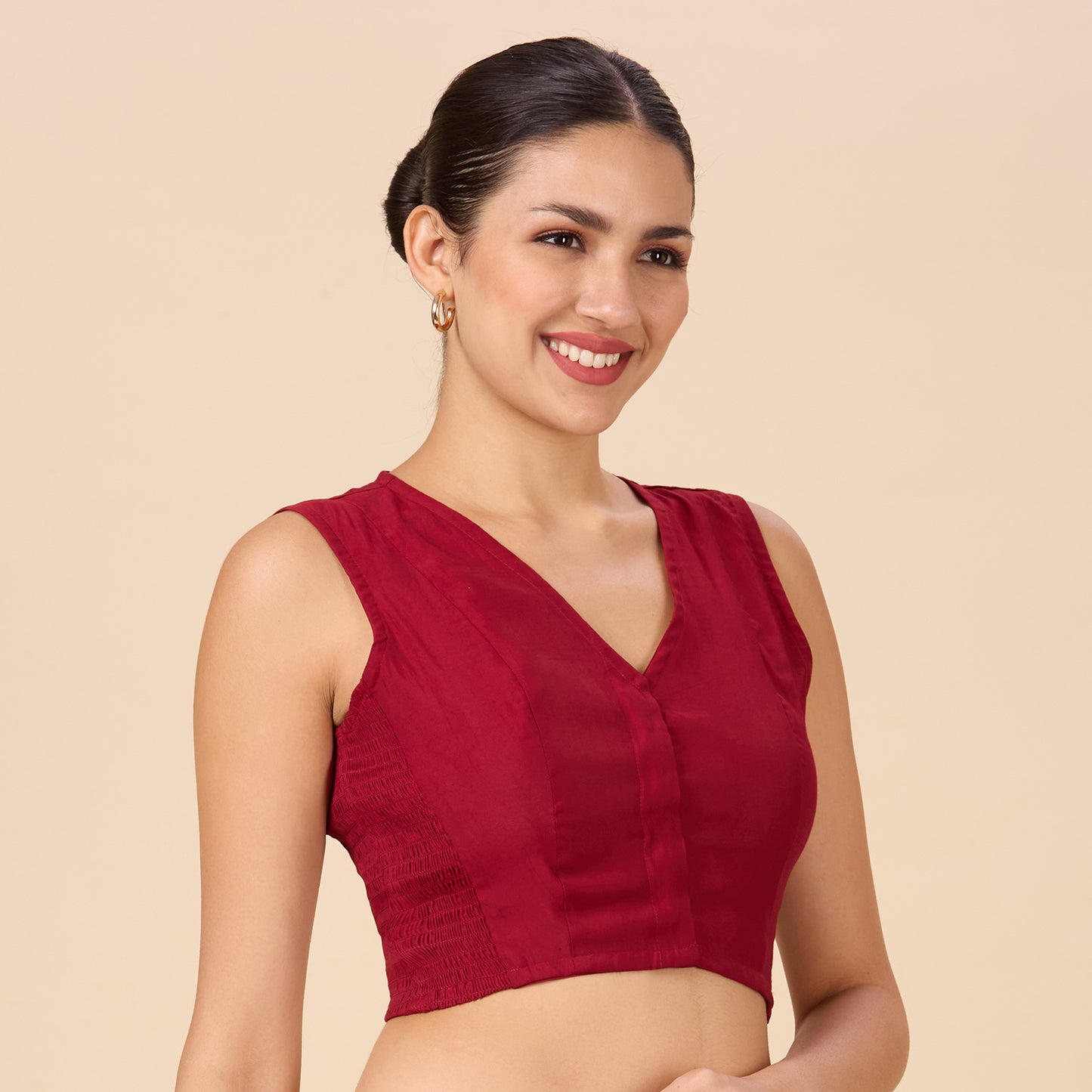 Women's Maroon Cotton  Silk Stretchable (Smocked ) Sleeveless Readymade Saree Blouse (Design 2881)