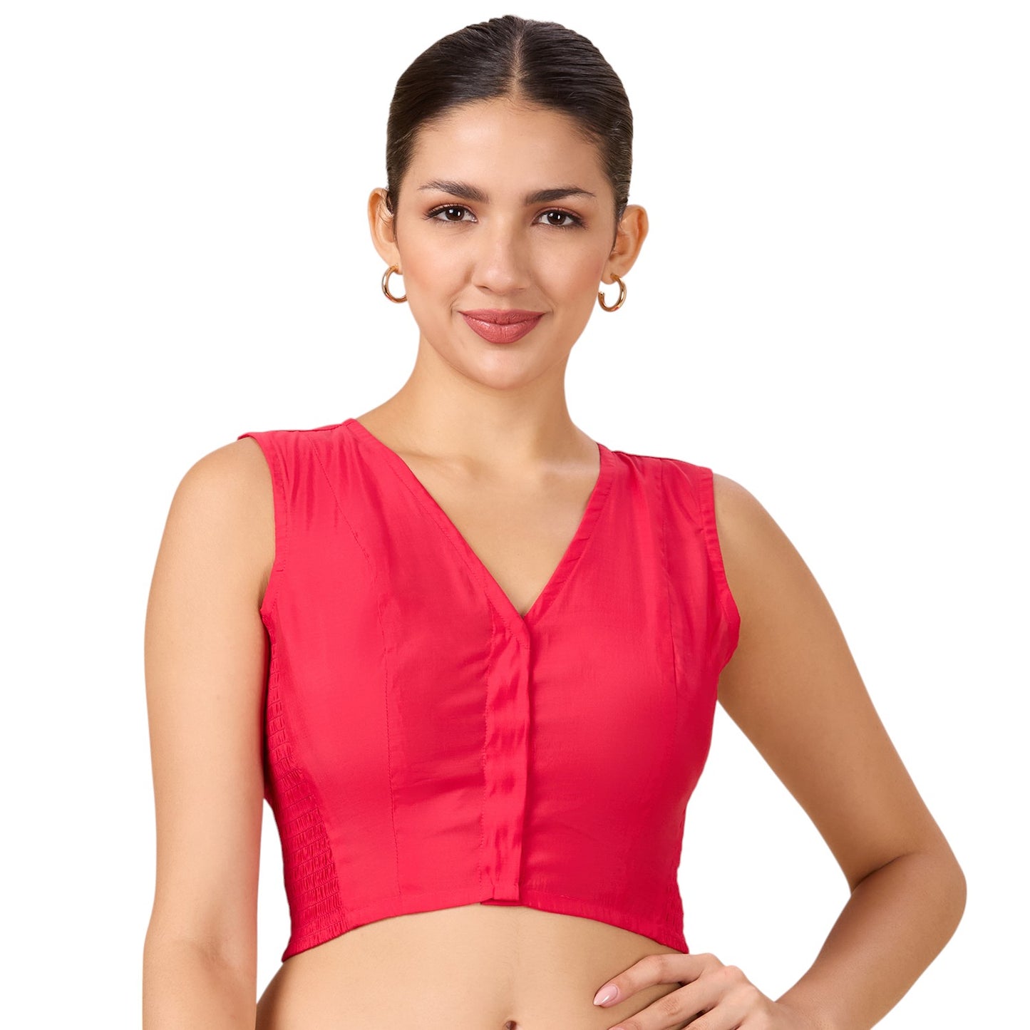 Women's Pink Cotton Silk Stretchable (Smocked ) Sleeveless Readymade Saree Blouse (Design 2881)