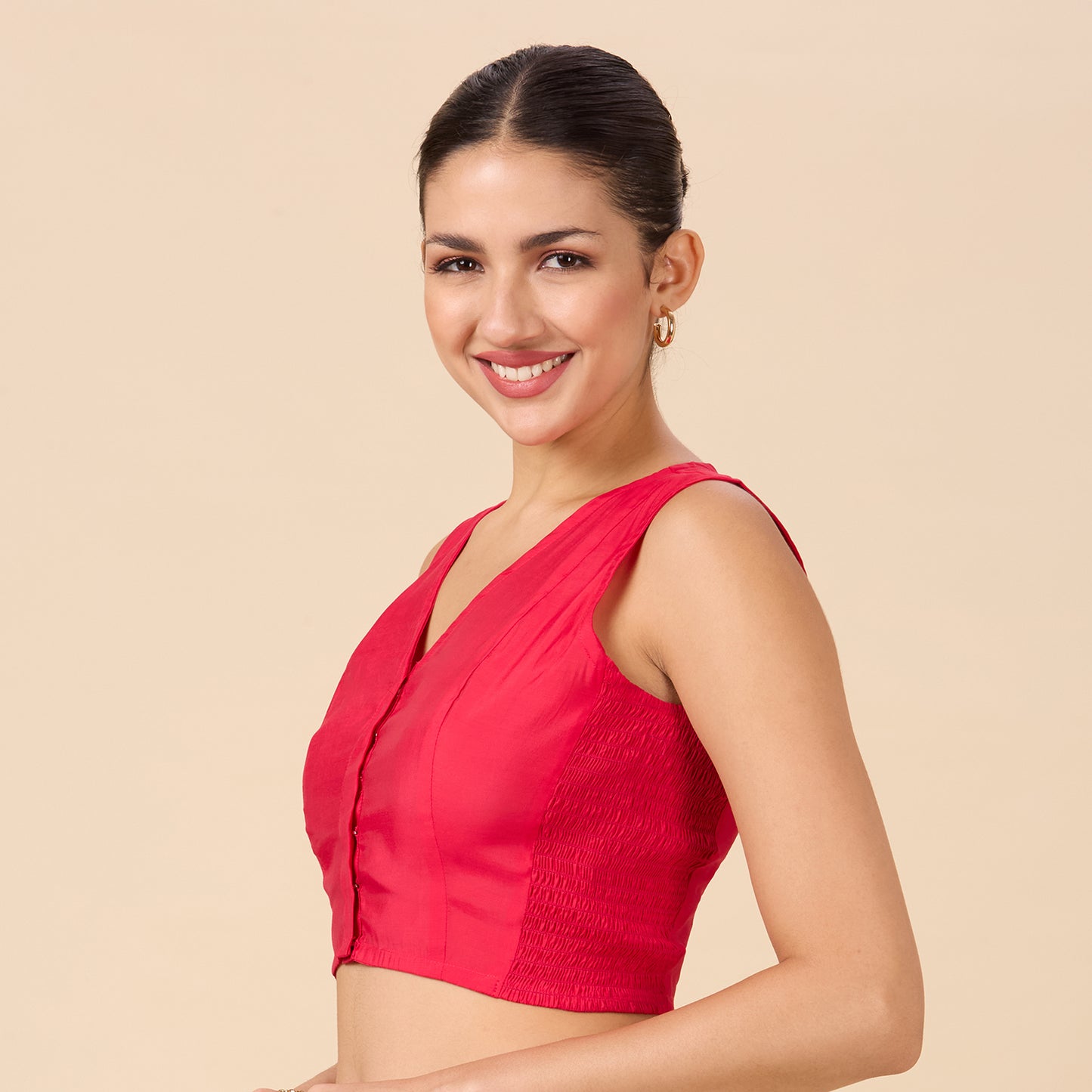 Women's Pink Cotton Silk Stretchable (Smocked ) Sleeveless Readymade Saree Blouse (Design 2881)