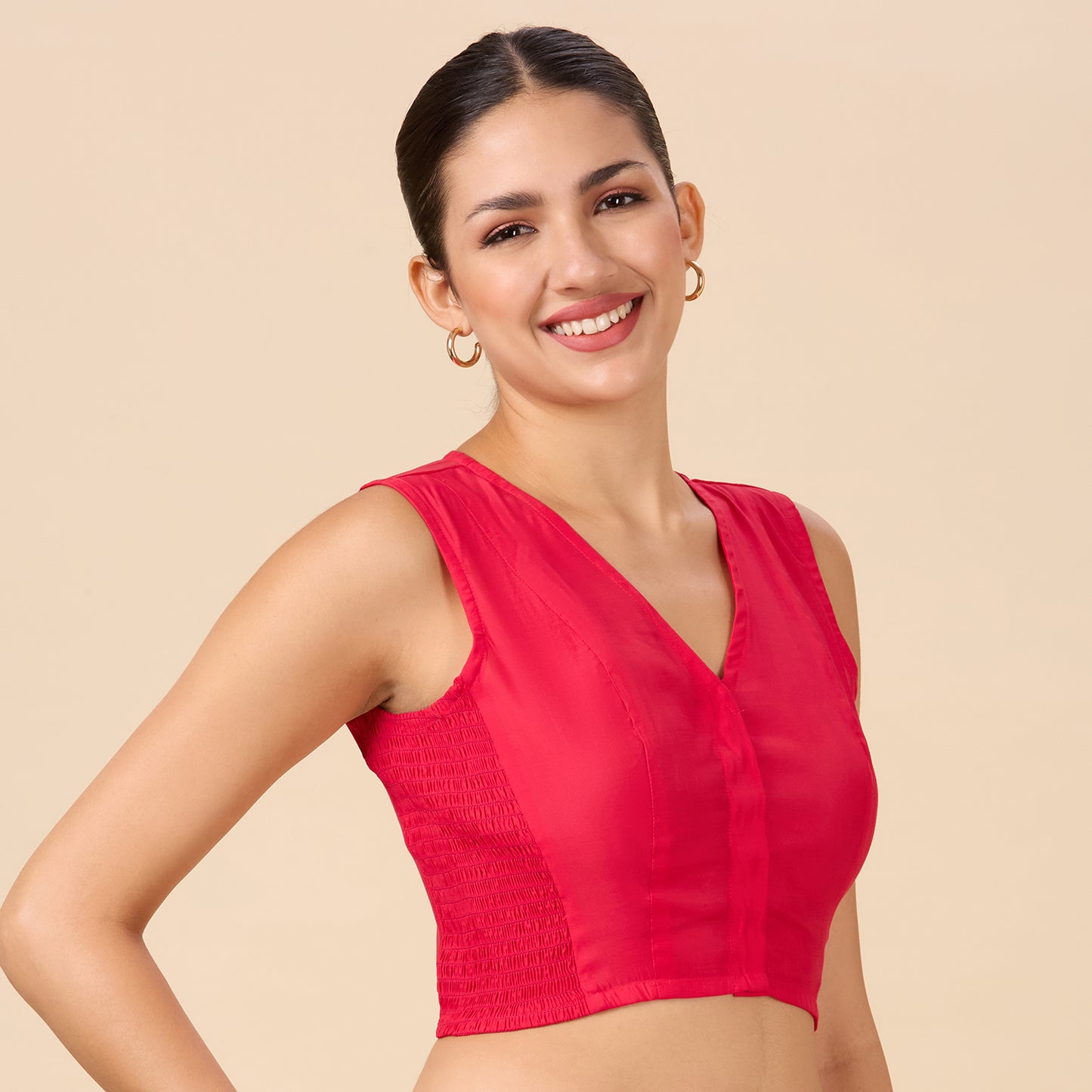 Women's Pink Cotton Silk Stretchable (Smocked ) Sleeveless Readymade Saree Blouse (Design 2881)