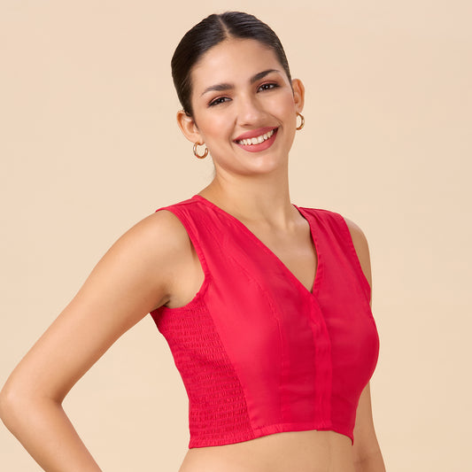 Women's Pink Cotton Silk Stretchable (Smocked ) Sleeveless Readymade Saree Blouse (Design 2881)
