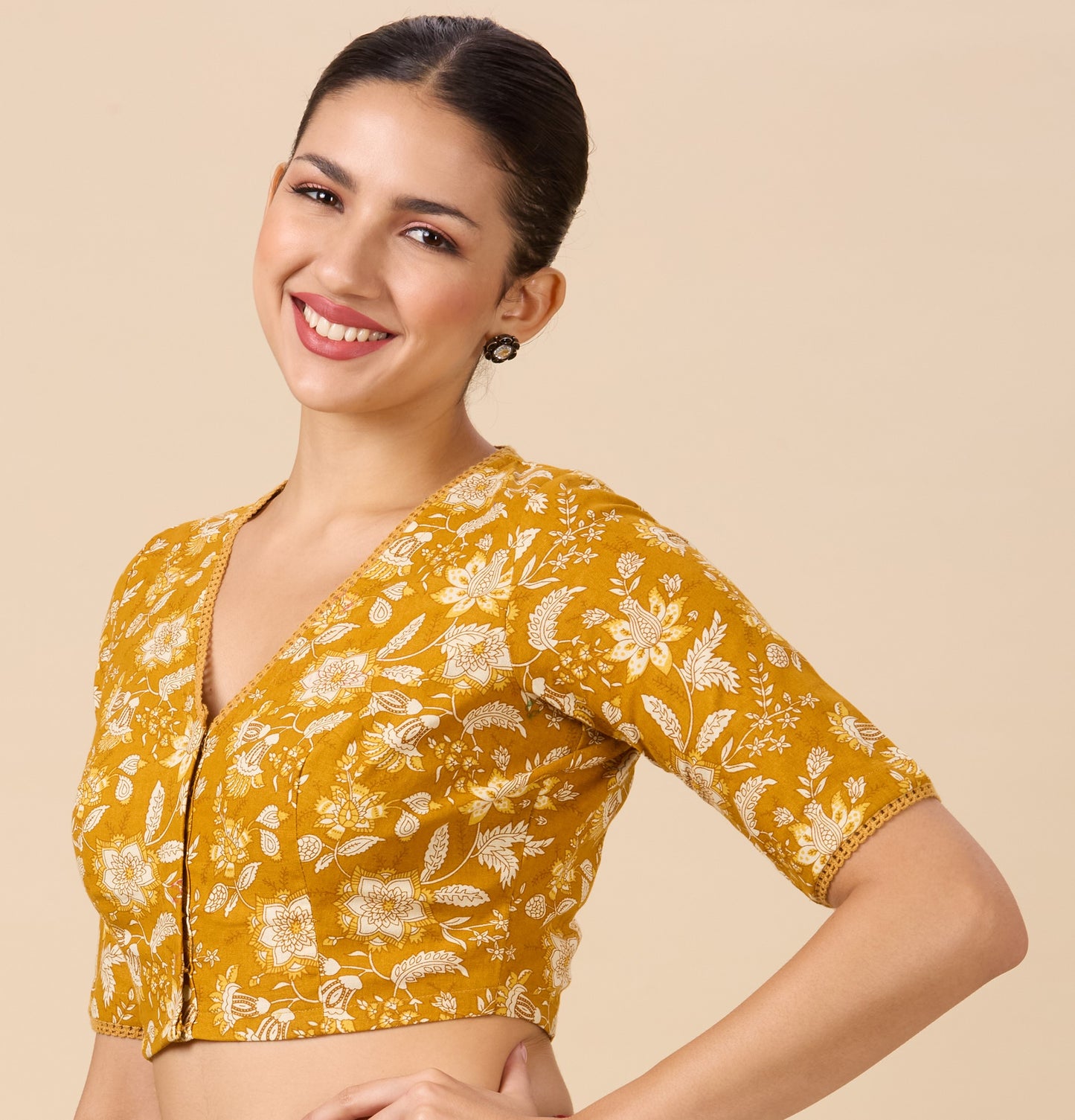 Studio Shringaar Women's Mustard Linen Printed Readymade Saree Blouse(design 2882)