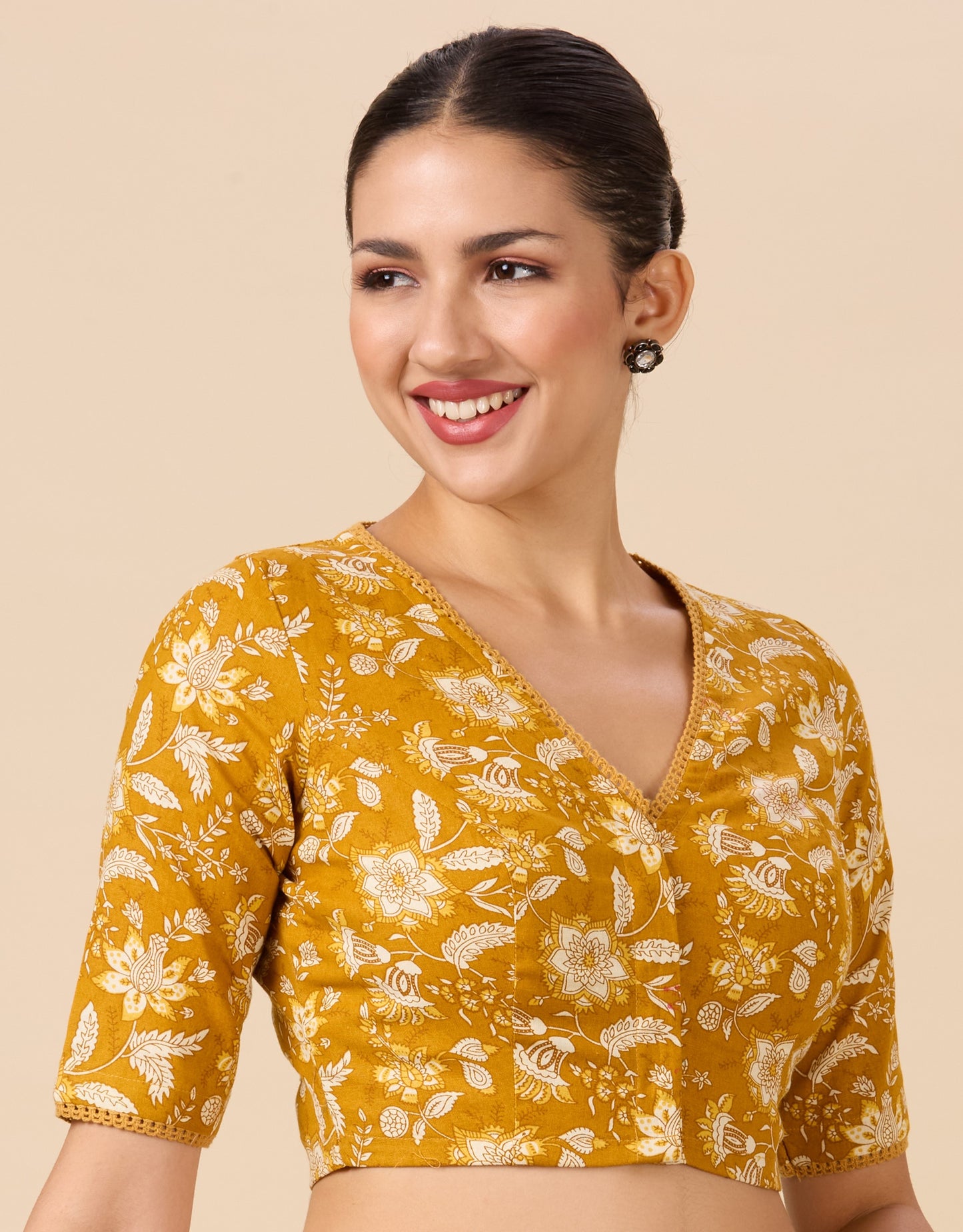 Studio Shringaar Women's Mustard Linen Printed Readymade Saree Blouse(design 2882)