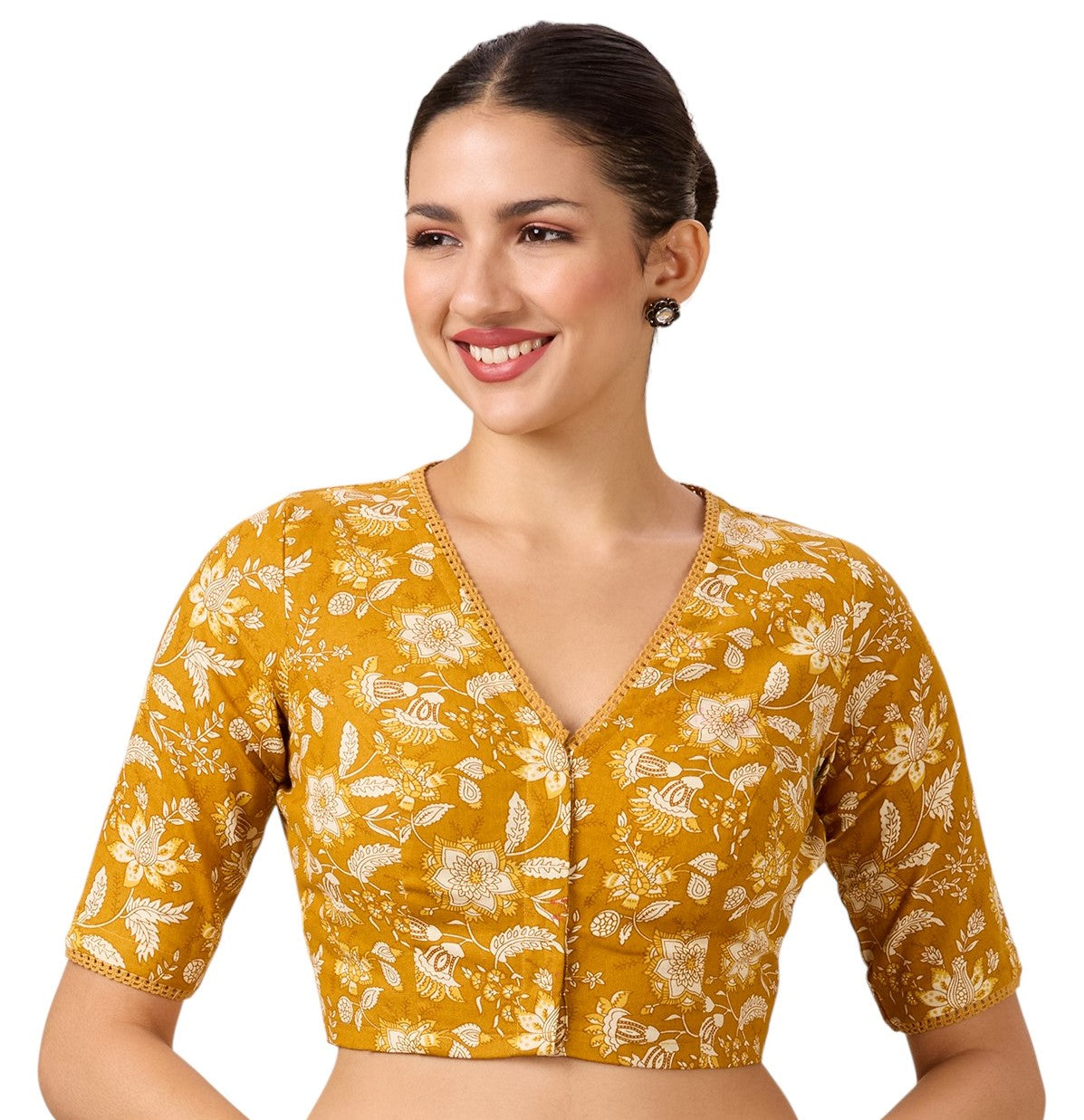 Studio Shringaar Women's Mustard Linen Printed Readymade Saree Blouse(design 2882)