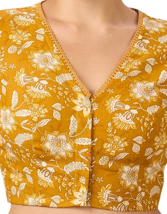 Studio Shringaar Women's Mustard Linen Printed Readymade Saree Blouse(design 2882)