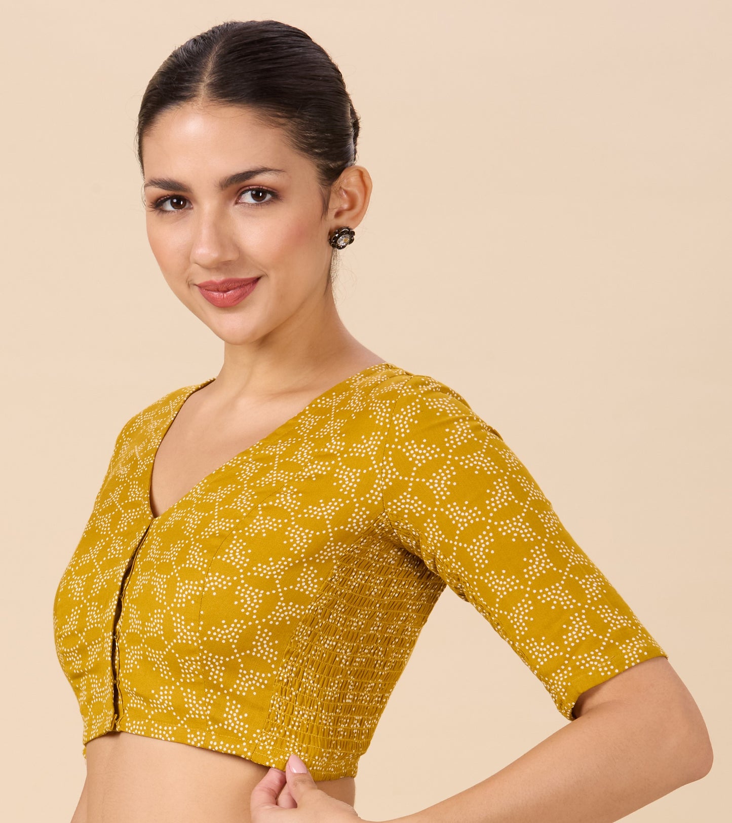 Studio Shringaar Women's Mustard Cotton Printed Stretchable (Smocked) Readymade Saree Blouse(Design 2883)