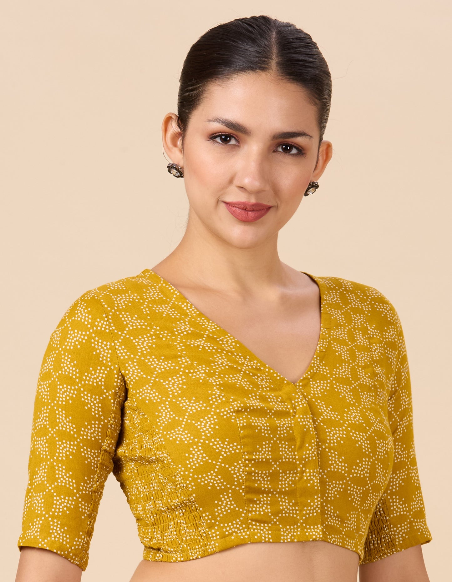 Studio Shringaar Women's Mustard Cotton Printed Stretchable (Smocked) Readymade Saree Blouse(Design 2883)