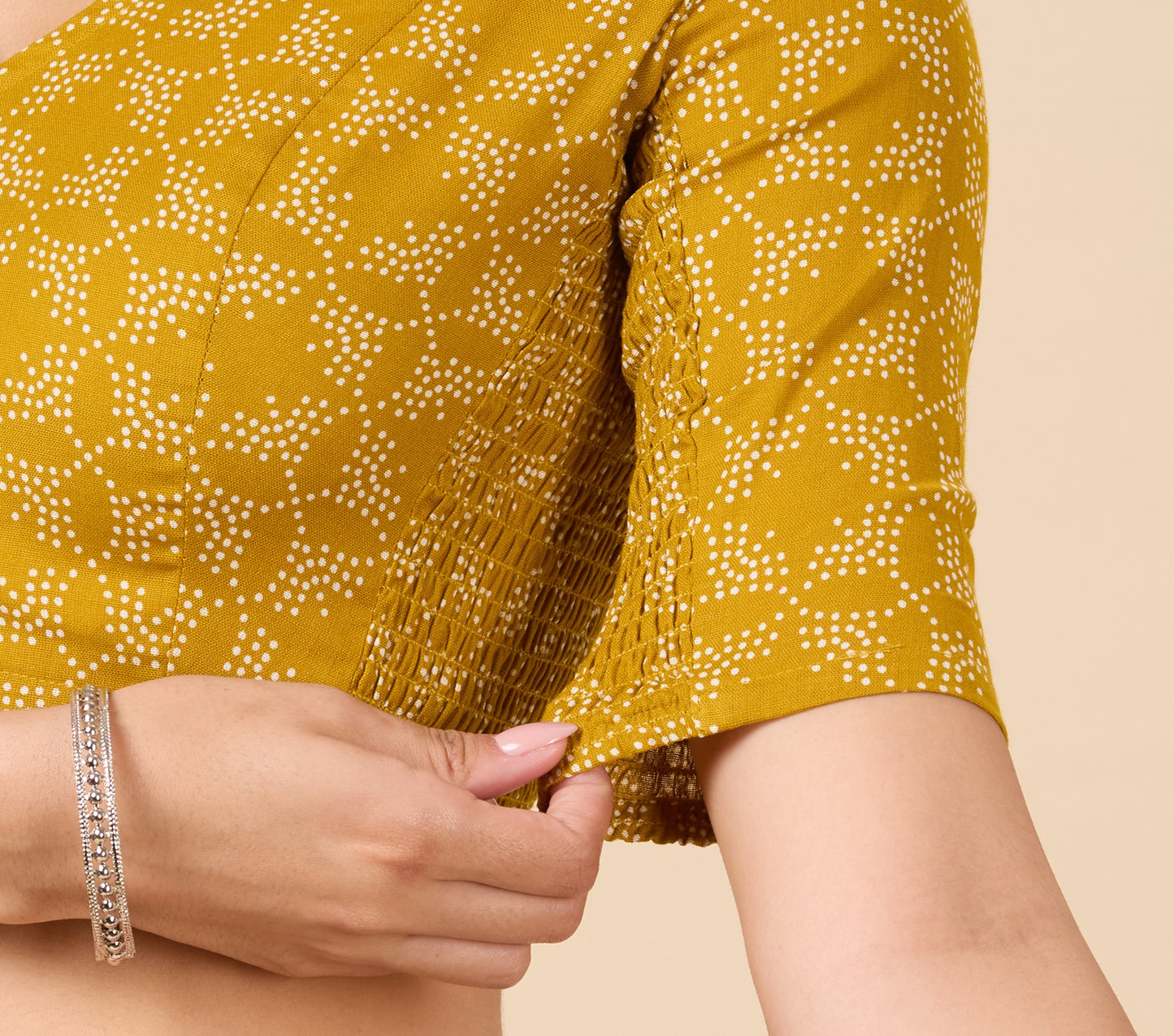 Studio Shringaar Women's Mustard Cotton Printed Stretchable (Smocked) Readymade Saree Blouse(Design 2883)