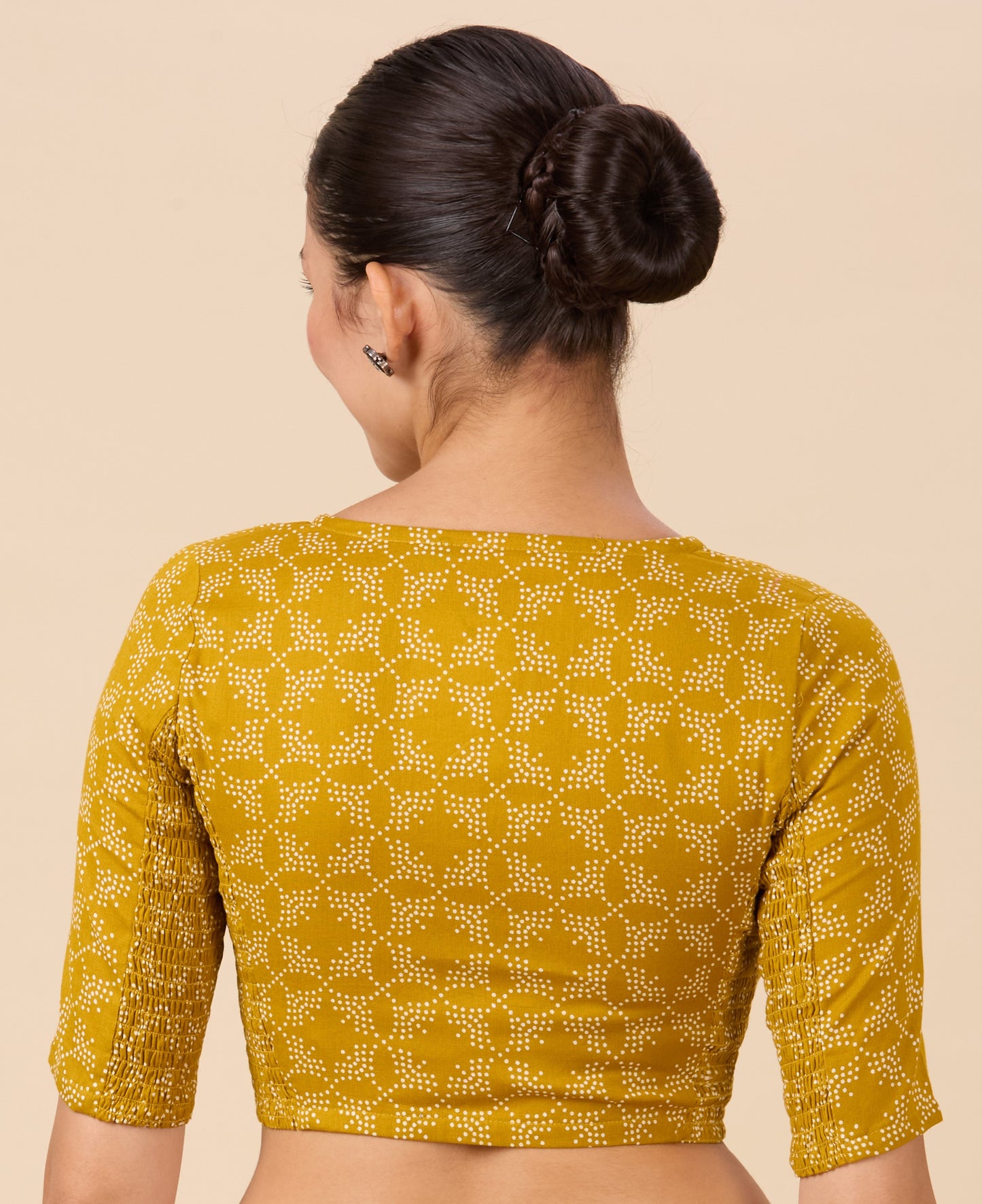 Studio Shringaar Women's Mustard Cotton Printed Stretchable (Smocked) Readymade Saree Blouse(Design 2883)