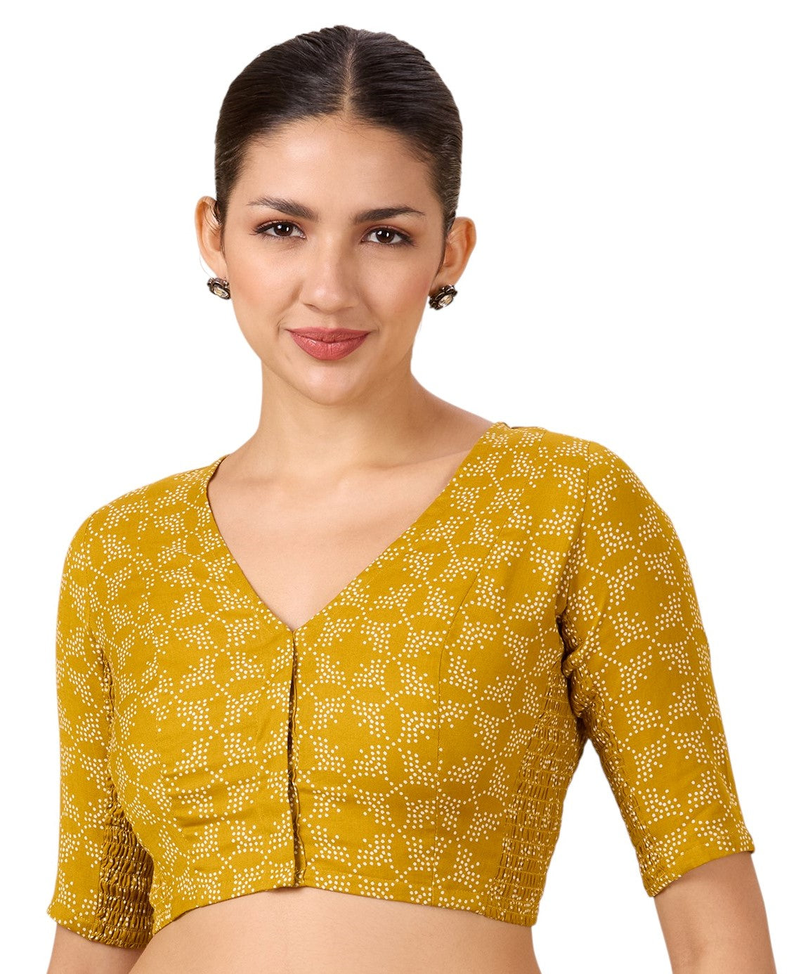 Studio Shringaar Women's Mustard Cotton Printed Stretchable (Smocked) Readymade Saree Blouse(Design 2883)