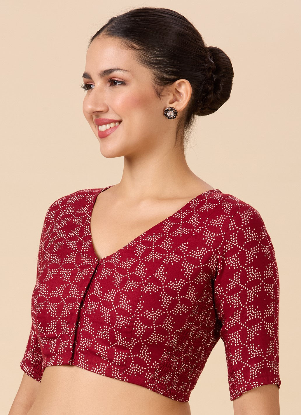 Studio Shringaar Women's Maroon Cotton Printed Stretchable (Smocked) Readymade Saree Blouse(Design 2883)