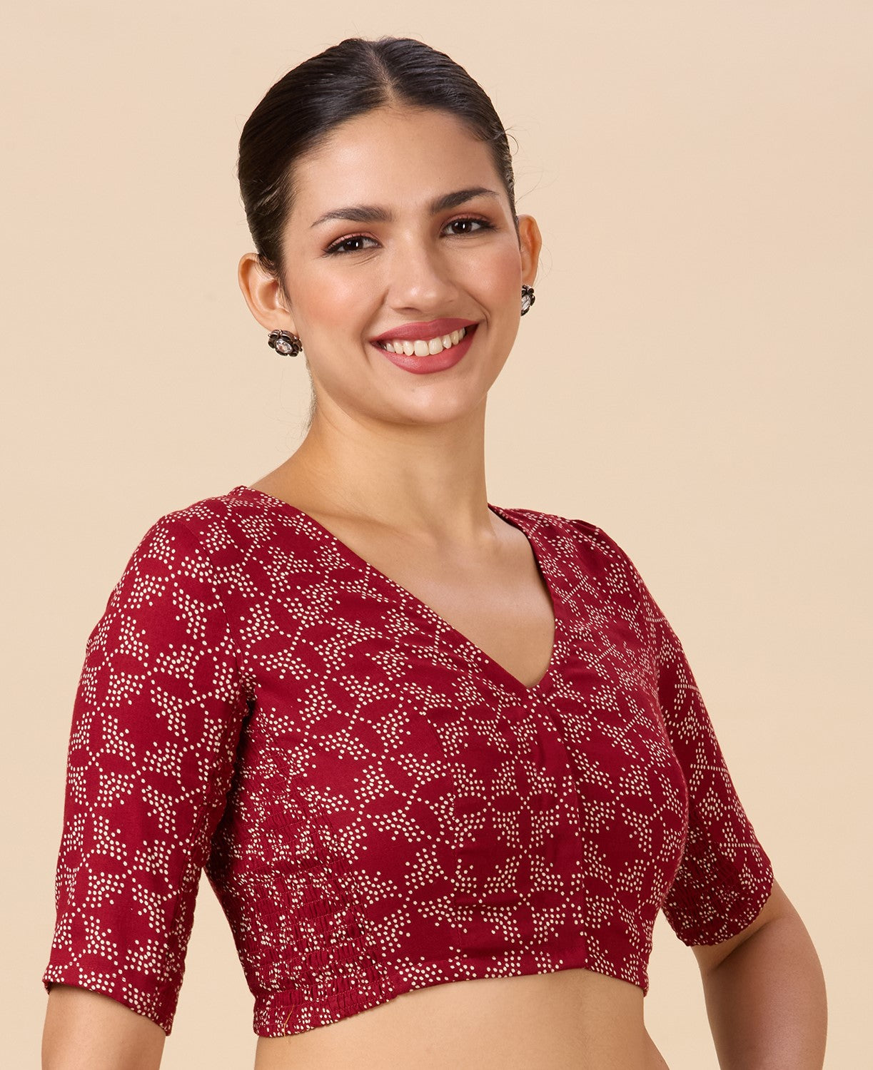 Studio Shringaar Women's Maroon Cotton Printed Stretchable (Smocked) Readymade Saree Blouse(Design 2883)