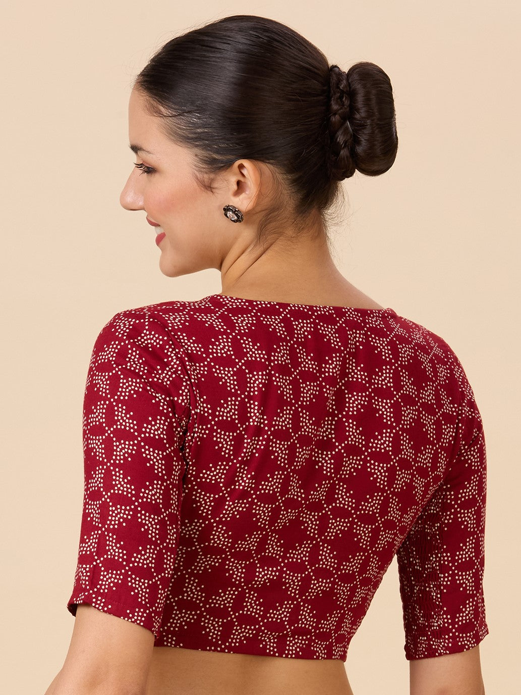 Studio Shringaar Women's Maroon Cotton Printed Stretchable (Smocked) Readymade Saree Blouse(Design 2883)