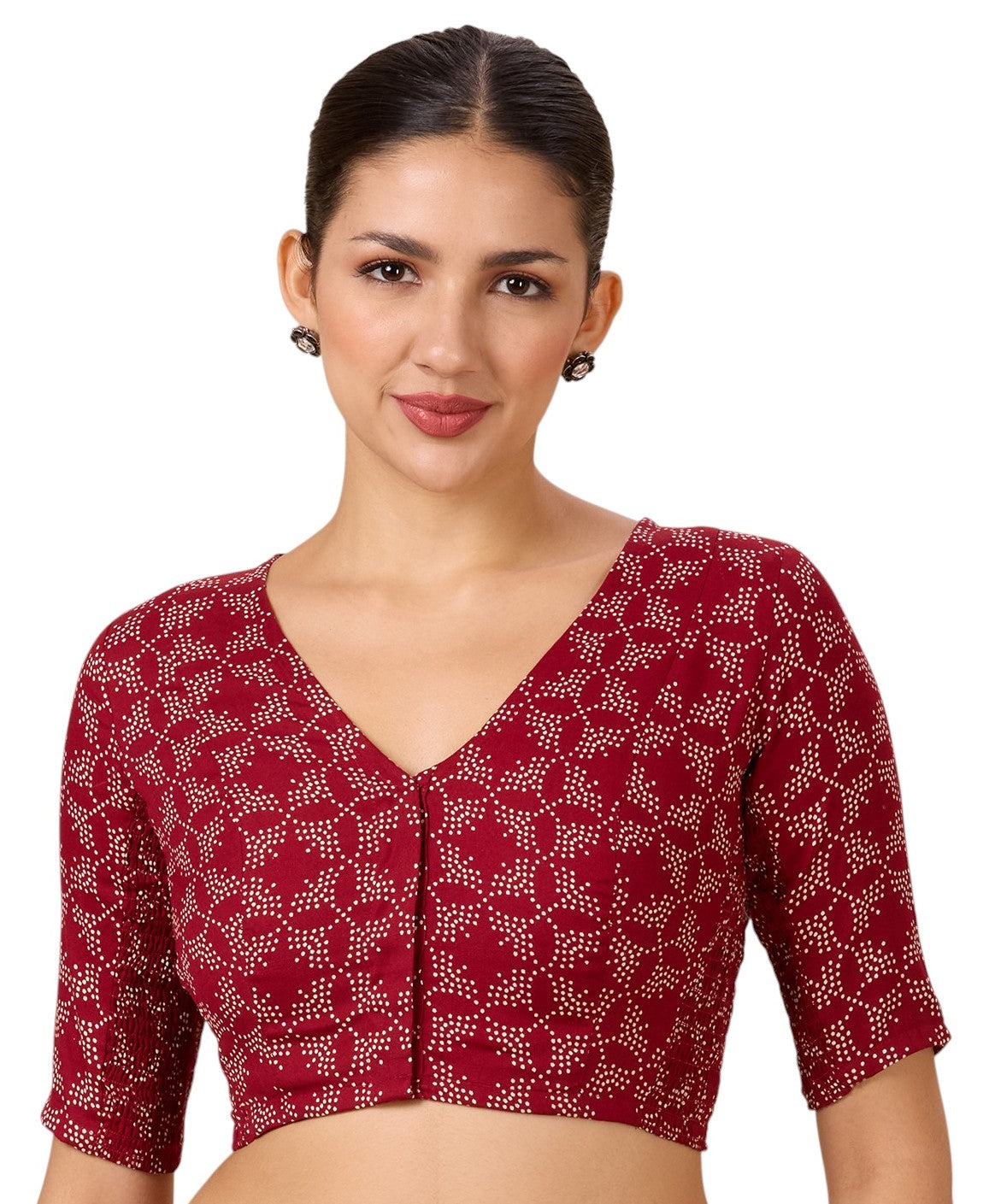 Studio Shringaar Women's Maroon Cotton Printed Stretchable (Smocked) Readymade Saree Blouse(Design 2883)