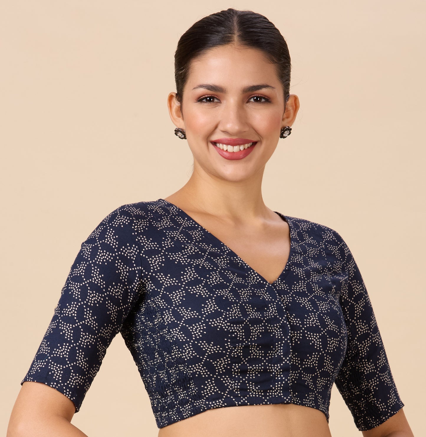 Studio Shringaar Women's Navy Blue  Cotton Printed Stretchable (Smocked) Readymade Saree Blouse(Design 2883)