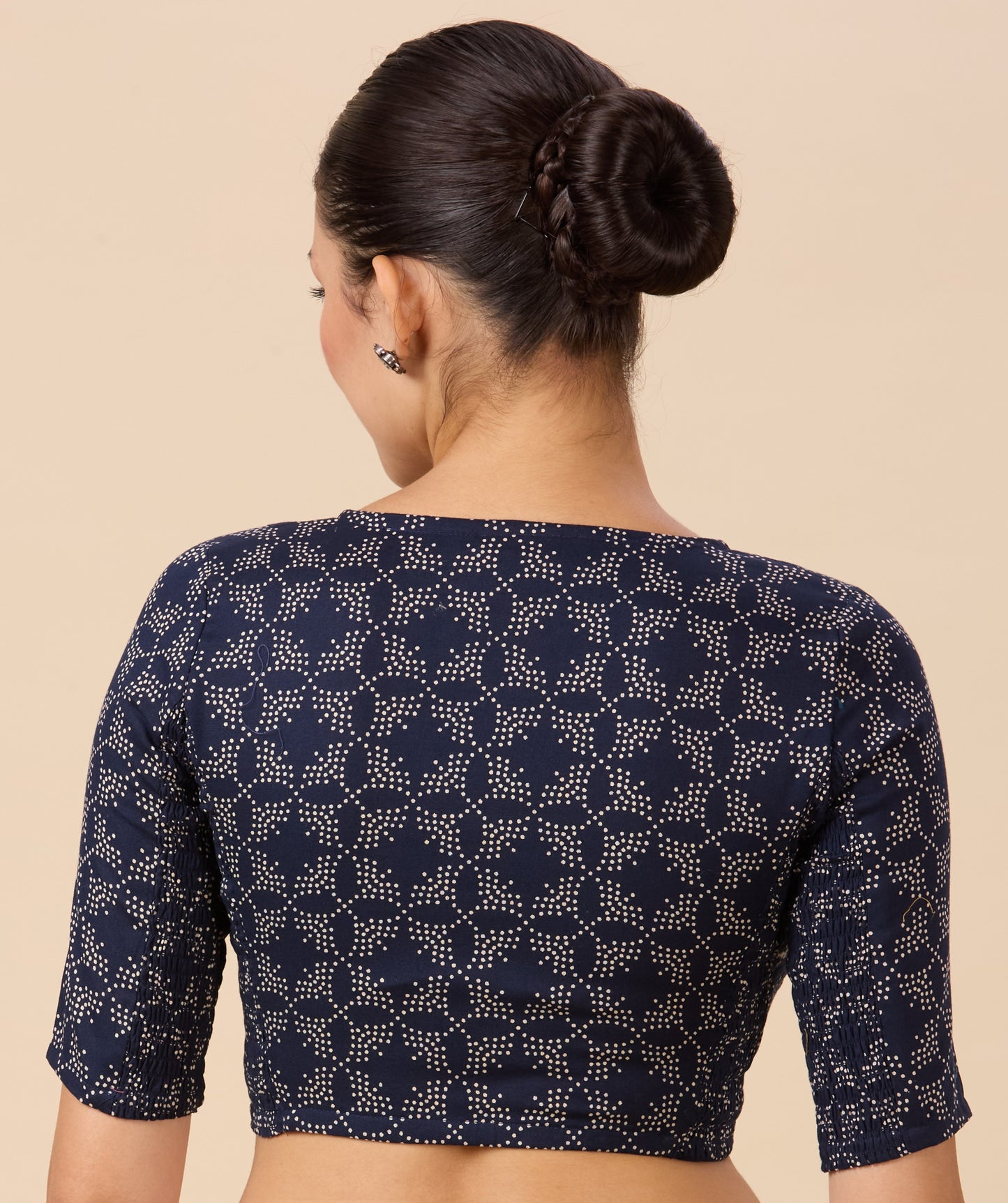 Studio Shringaar Women's Navy Blue  Cotton Printed Stretchable (Smocked) Readymade Saree Blouse(Design 2883)