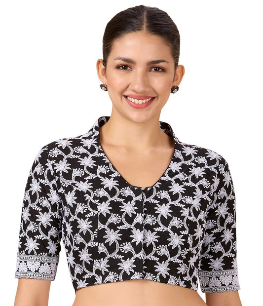 Studio Shringaar Women's Black Cotton Chikankari Readymade Saree Blouse (Design 2884)