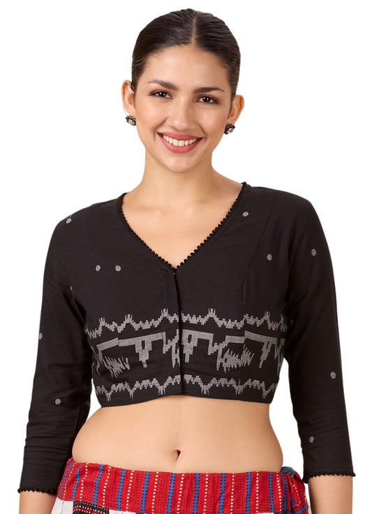 Studio Shringaar Women's Black Cotton Temple Border Readymade Saree Blouse(Design 2885)