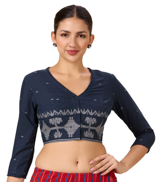 Studio Shringaar Women's Navy Blue Cotton Temple Border Readymade Saree Blouse(Design 2885)