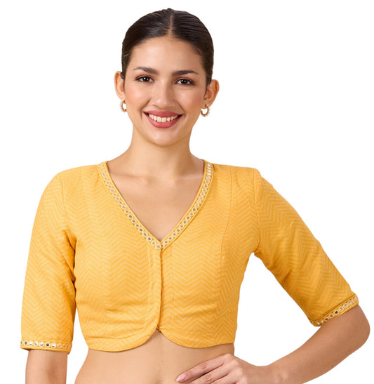 Studio Shringaar Women's Yellow Handloom Cotton Readymade Saree Blouse with Mirror Work (Design 2886)