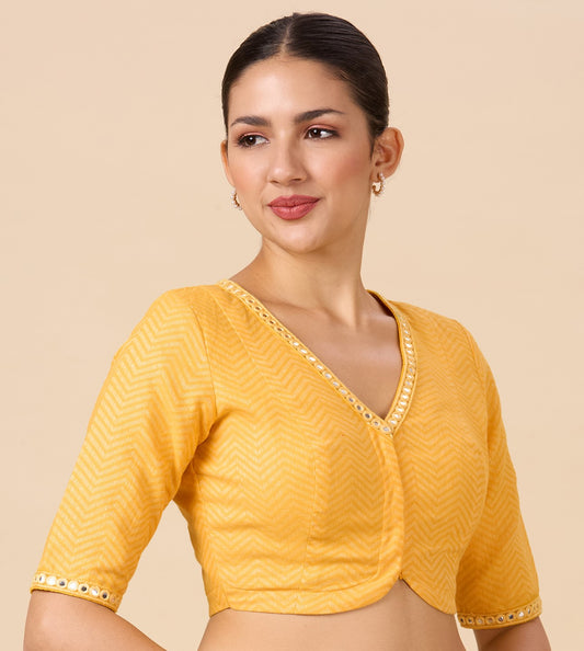 Studio Shringaar Women's Yellow Handloom Cotton Readymade Saree Blouse with Mirror Work (Design 2886)