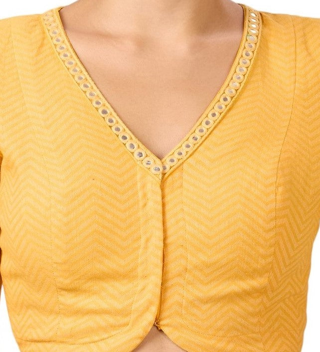 Studio Shringaar Women's Yellow Handloom Cotton Readymade Saree Blouse with Mirror Work (Design 2886)