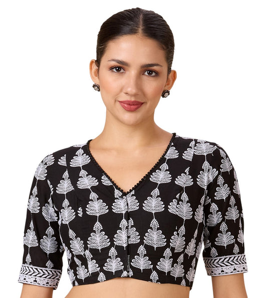 Studio Shringaar Women's Black Cotton Petal Chikankari Readymade Saree Blouse (2887)
