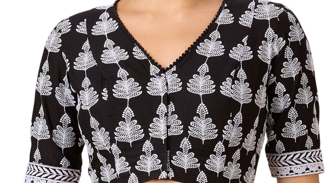 Studio Shringaar Women's Black Cotton Petal Chikankari Readymade Saree Blouse (2887)