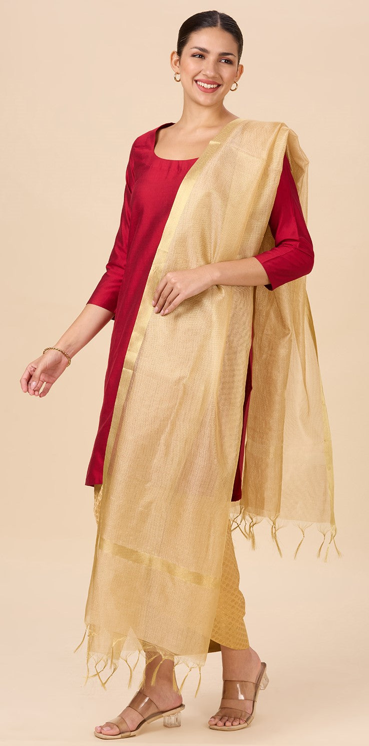 Women's Golden Zari Handloom Dupatta (Gold, 34" X 2.4 Meters) (Design - 2888)
