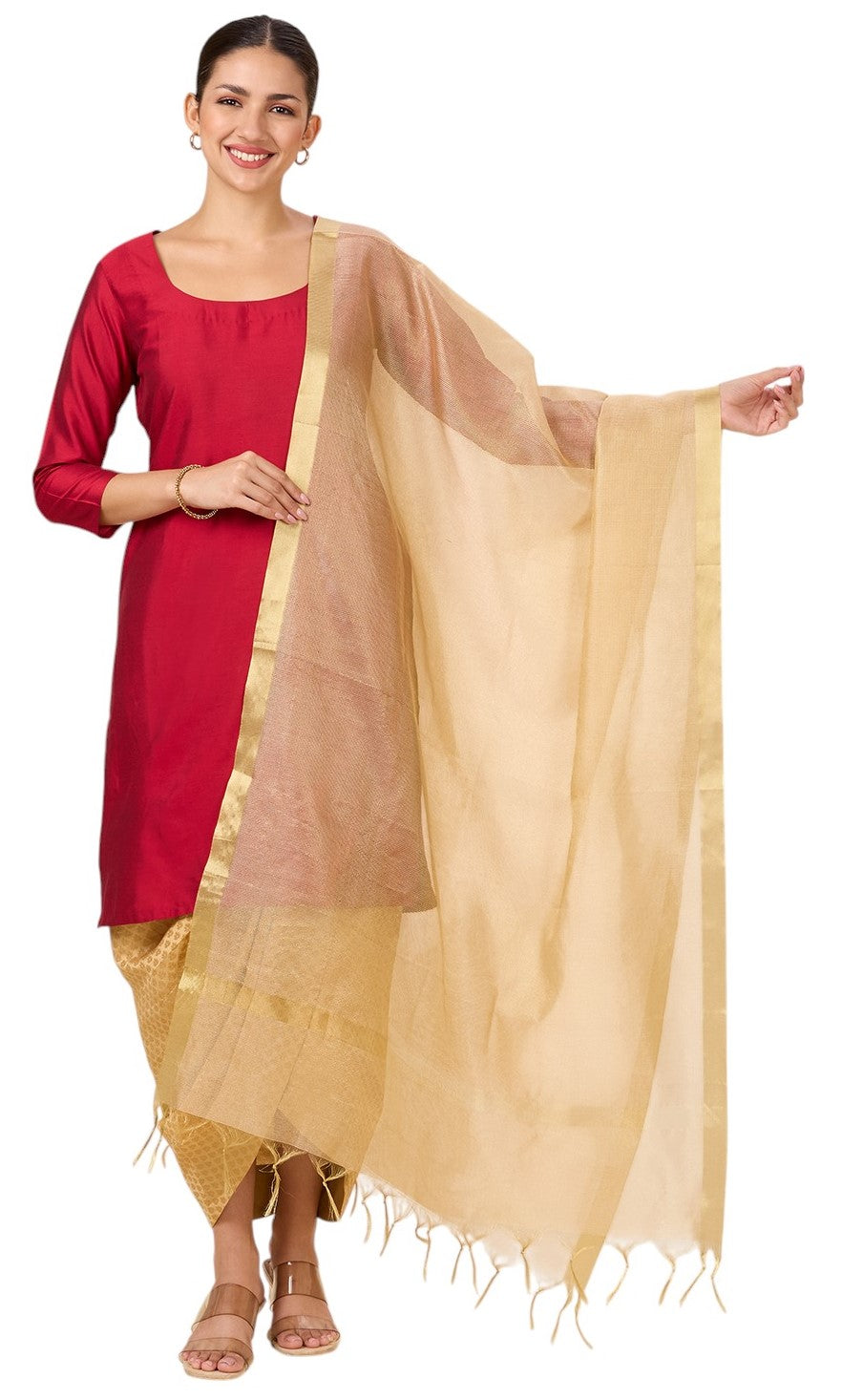 Women's Golden Zari Handloom Dupatta (Gold, 34" X 2.4 Meters) (Design - 2888)