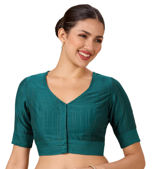 Studio Shringaar Women's Blue Cotton Silk Blended Saree Blouse with Zari Stripes(Design 2889)