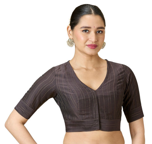 Studio Shringaar Women's Grey Cotton Silk Blended Saree Blouse with Zari Stripes(Design 2889)