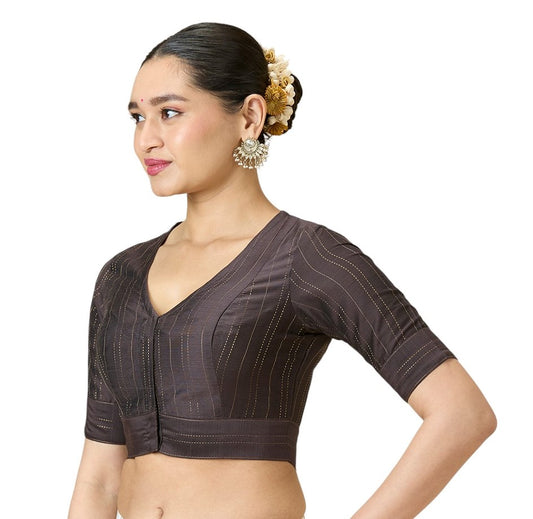 Studio Shringaar Women's Grey Cotton Silk Blended Saree Blouse with Zari Stripes(Design 2889)